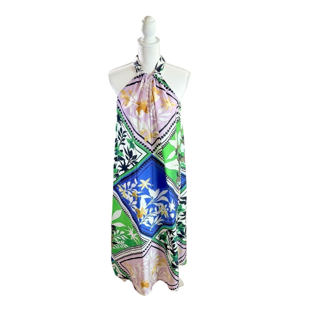 INC Women's Halter‎ Blue Green & Lavender Floral Print Midi Scarf Dress Sz M NWT